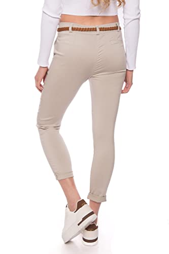 Kendindza Chino Damen Hose Stretch mit Gürtel Stoffhose Damen elegant lang (M, Beige)