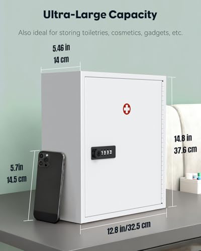 Uniclife Wall Mount Medicine Cabinet with Combination & Key Lock Locking First Aid Cabinet Lockable Medical Cabinet Large Capacity Medicine Organizer Secure Steel Wall Cabinet Metal Storage Box, White