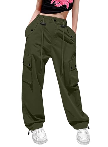 Image of HENGAO Girls Cargo Pants Parachute Casual Jogger Y2K 5-14 Years | Kids Baggy pants Parachute, Drawstring, with Pockets, Elastic High Waist, Loose Trousers Streetwear