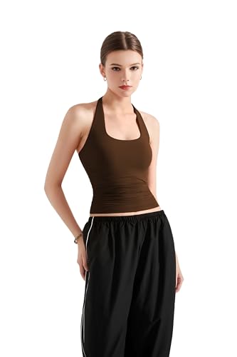 SIGHTBOMB SOFTLINE Double Layer Seamless U Neck Halter Cuddle Baby Sleeveless Microfiber Active WEAR/Casual WEAR TOP for Women (in, Alpha, M, Regular, Dark Brown)