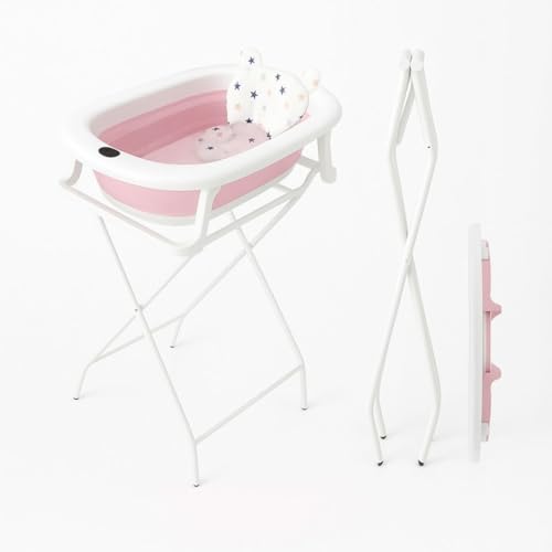 BATHBY Bañera de Bebé con Cojín Reductor y Soporte Plegable | Pack Completo para Recién Nacidos | Bañera Ligera, Segura, Ergonómica y Compacta | Soporte Elevado Estable y Fácil de Guardar (Rosa)