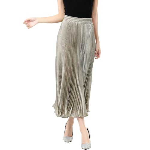 TONCHENGSD Women's Satin Metallic Pleated Accordion Long Maxi Skirt3