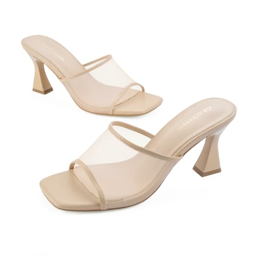 Image of Women's Mule Heels Chunky Kitten Heeled Sandals Mesh Slip On Square Toe Comfortable Casual Dress Pumps Shoes