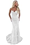 RSOETOO Elegant Mermaid Prom Dress Long Lace Strapless Tulle Bodycon Prom Ball Gowns for Women US00 White