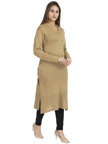 Image of Rosary Women's Winter Woolen Kurti Knitted Solid Straight Fit Ethnic Wear with 2 Side Pockets Light Camel