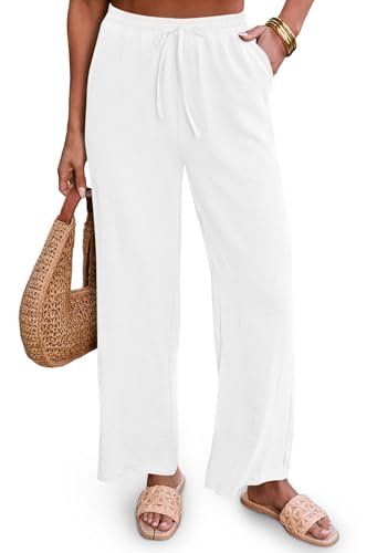 Diosun Womens Casual Palazzo Pants High Waisted Wide Leg Long Lounge Elastic Drawstring Waist Trousers with Pockets(S, White)
