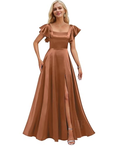 Image of IIF Short Sleeve Bridesmaid Dresses with Pockets Square Neck A-Line Satin Prom Gown Dress for Women with Slit IIF134