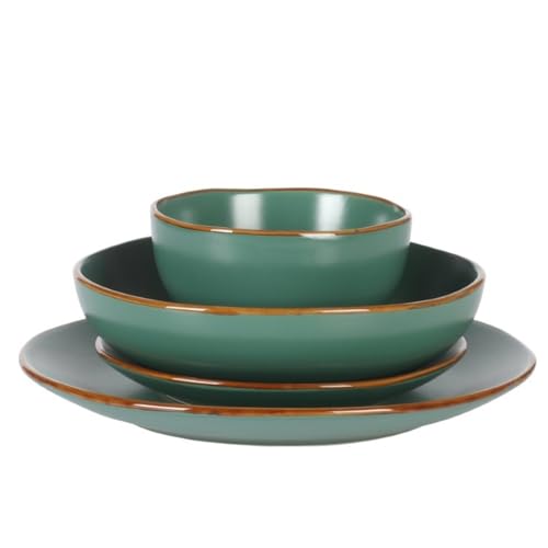 Image of Gibson Home Hazeltine 16-Piece Green Stoneware Dinnerware Set - Plates and Bowls, Durable Ceramic Kitchen Dinner Set