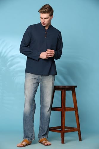 Image of Amazon Brand - Anarva Men's Cotton Linen Solid Kurta Long Sleeves Wooden Button Regular Casual Shirt