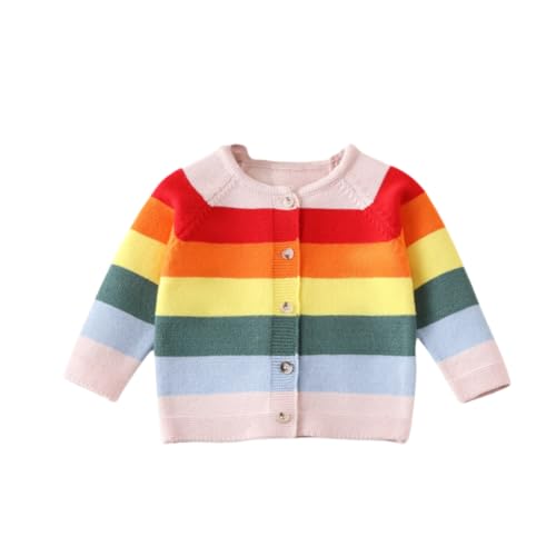 Girls' Rainbow Sweater Cardigan Button Long Sleeved Striped Rainbow Knit Sweater2