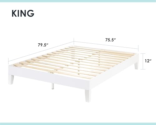 Mellow Naturalista Grand 12 Inch Solid Wood Platform Bed with Wooden Slats, Easy Assembly, Queen, White