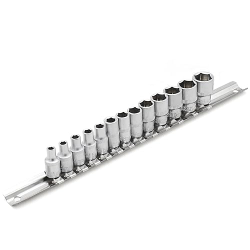 DAKCOS 13PCS Hex Socket Set, 1/4" Drive Metric Socket Set, 4-14mm Sockets with Metal Rail, CR-V, 25mm Long