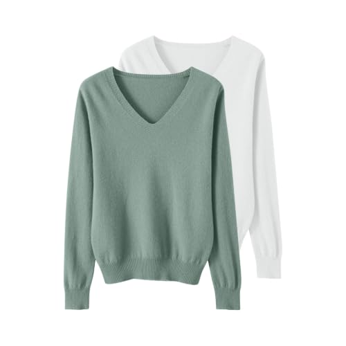 2 Pack Cashmere Sweaters for Women Fall V neck Long Sleeve Pullover Sweater