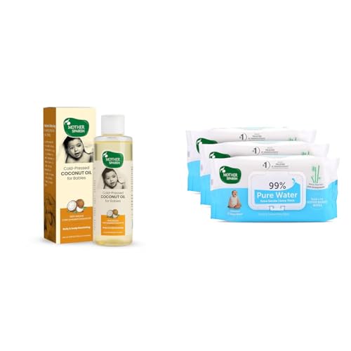 Image of Mother Sparsh Cold Pressed Coconut Oil for Baby Massage, Skin & Hair Care, 99% Pure Water Wipes 72 piece (pack of 3)