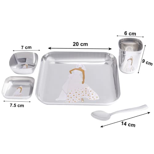 Image of Human Hydro Premium Steel Dinner Set for Kids, Silver and Gold Laser Print, 1 Plate, 1 Curry Bowl, 1 Dessert Plate, 1 Glass, 1 Spoon, 1 Fork, for Girls, Age 3-7 Years