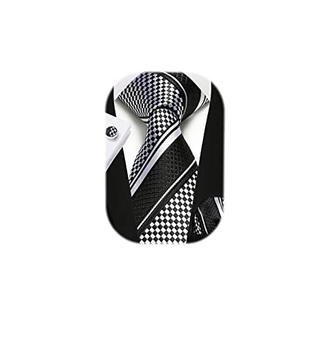 Image of Enlision Mens Ties Stripe Tie and Pocket Square Set Classic Formal Woven Neckties Handkerchief Cufflinks Wedding
