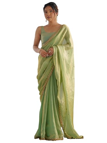Image of AKHILAM Women's Light Green Paper Silk Embroidered Saree With Unstitched Blouse Piece