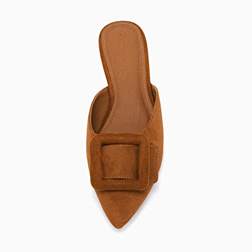 Coutgo Womens Mules Flats Pointed Toe Square Buckle Slip On Low Heel Backless Loafer Slides Shoes Brown #TOP3
