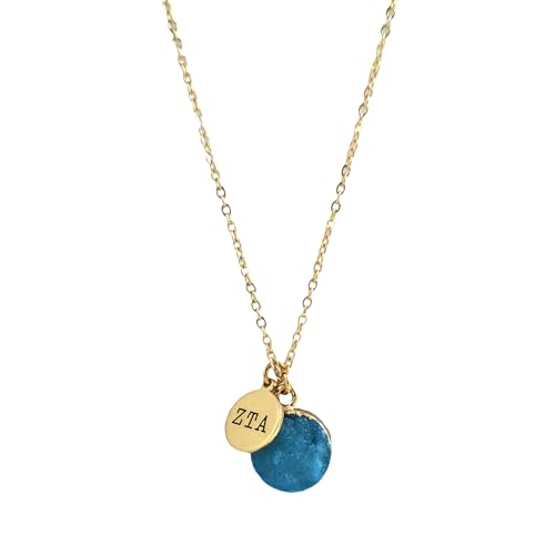 Sorority Shop ZTA Necklace - Zeta Tau Alpha Blue Druzy Gemstone Necklace With Engraved Pendant – 14K Gold Dipped Jewelry with Blue Gemstone – Sorority Gift, Charm Paraphernalia