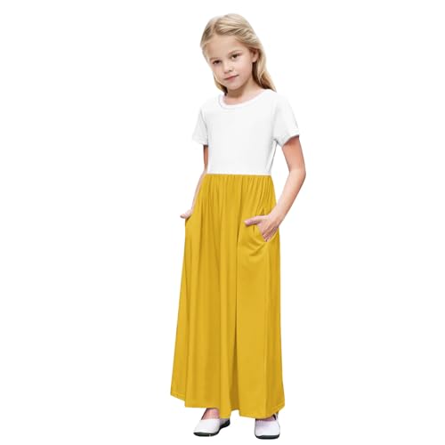 4-14T Girls Maxi Dresses Summer Fashion Solid Color & Color Block Short Sleeves Comfy A-Line Beach Casual Sundress