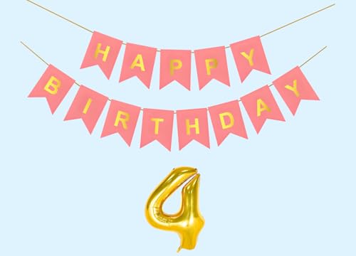 Image of 4th Happy Birthday Decoration Kit Light Pink for 4 year Old Boys Girls Baby with Number Four Party Decorations Decor Celebration Items Item Set Combo Reusable Paper Banner