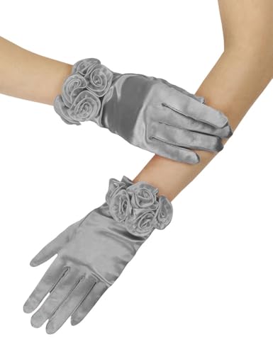 Goiruiya Short Satin Floral Gloves Elegant Wedding Dress Gloves for Opera Dinner Party Accessories Silver