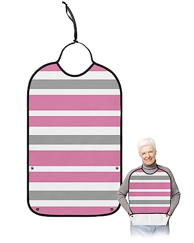 Pink Grey Striped Adult Bibs for Eating, Waterproof Bibs with Food Catcher & Adjustable Snap Closure, Modern White Abstract Art Aesthetics Washable Clothing Protectors Adult Bibs for Elderly Women/Men