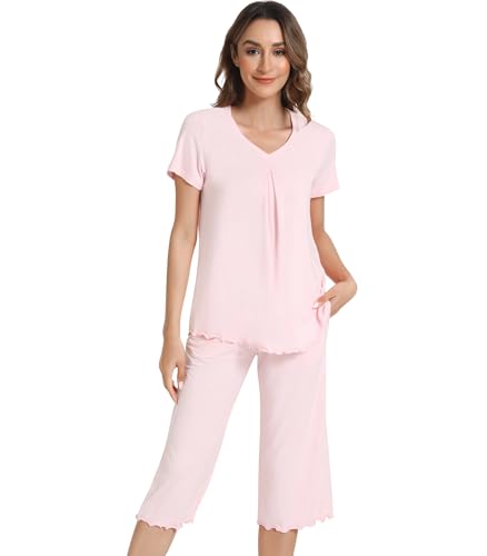 Image of NACHILA Women's Pajama Sets Cooling Bamboo Viscose V-Neck Top & Capri Pants