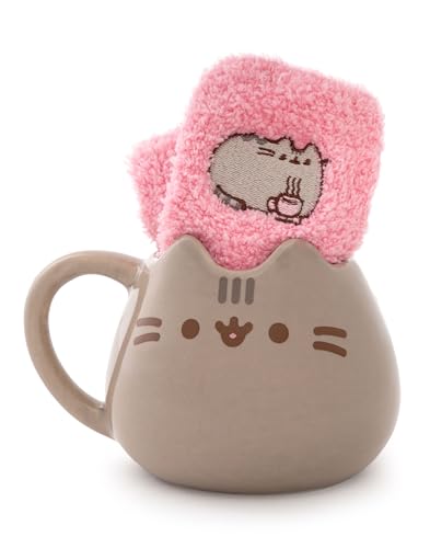 Pusheen Tassen- und Sockenset für Damen | Wadensocken mit Pusheen-Katze-Grafikdruck für Erwachsene und Keramiktasse in Rosa und Braun | Tasse für Heißgetränke mit getigerter Katze