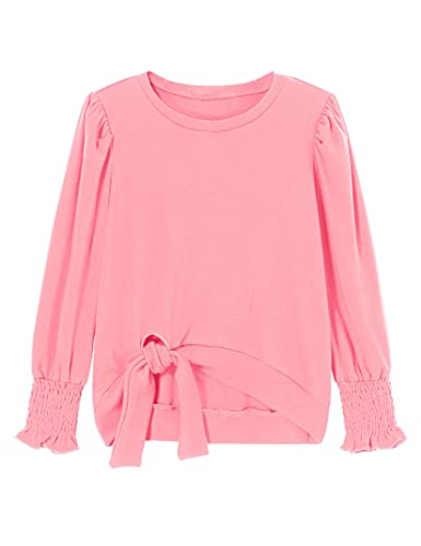 Image of Girls Long Sleeve Crewneck T-Shirt Smocked Sleeve Tie Front Knot Gathered Cuffs Tees Top Blouse for 3-12Y