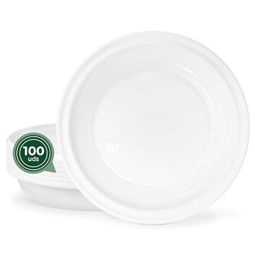 Maxi Products - 100 assiettes en plastique blanches réutilisables - Ø20,5 cm - Assiettes vaisselle - Norme UNE-EN-12875-1 - Assiette ronde - Haute...