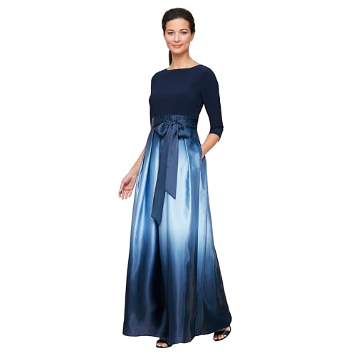 S.L. Fashions Women's Long Satin Mother of the Bride Dress with Pockets, Formal Party Gown, Navy and Wedgewood, 16