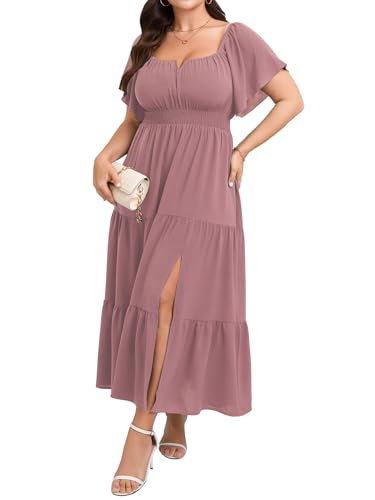 Image of SCOMCHIC Womens Plus Size Maxi Dress Formal Short Sleeve Square Neck Smocked Side Split Flowy A Line Tiered Long Dress