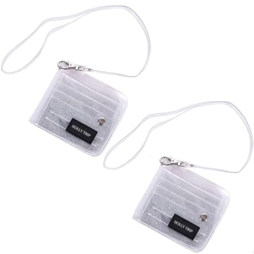 Pack of 2 Clear Bifold Wallet Small Purse, Cute PVC Jelly Wallet ID Card Case Holder with Neck Lanyard for Women Girls, Silver
