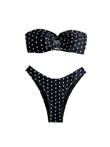 WDIRARA Women's Polka Dots Bandeau Bikini Set Strapless High Cut Swimsuit 2 Piece Bathing Suit