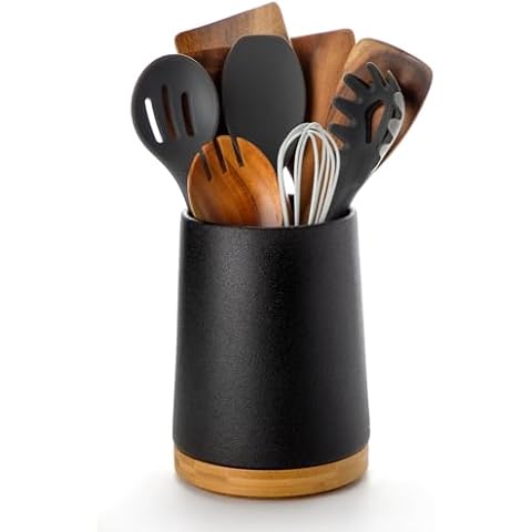 Nucookery 360° Rotating Utensils Holder, 8.2" Extra High Large Ceramic Kitchen Utensil Holder with Countertop-Protection Cork Bottom, Farmhouse Kitchen Decor for Counter (Stone Black) Cover