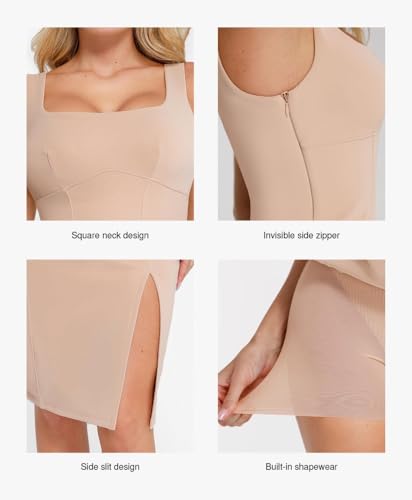 Image of Popilush Leather Dress with Built in Shapewear Square Neck Slit Midi Dresses Faux Leather Concert Club Outfits