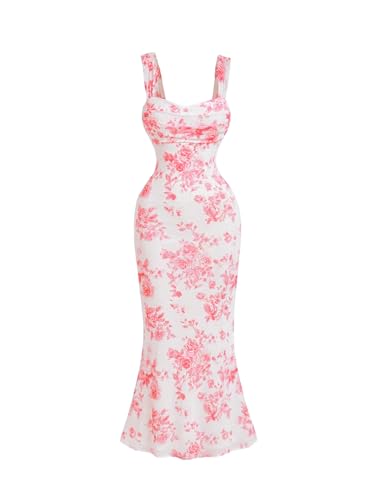 Image of GORGLITTER Women's Floral Summer Wedding Guest Dress Ruched Cocktail Party Bridal Shower Formal Beach Midi Sun Dresses