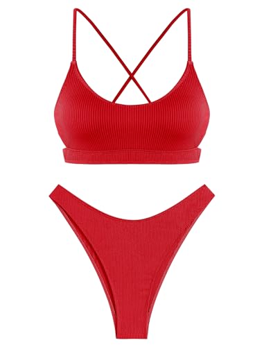 ZAFUL Women's Cutout Bikini Sets Scoop Neck Back Criss Cross Tie Ribbed High Cut Bikini Swimsuit Two Piece Bathing Suits2