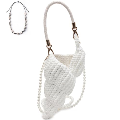Handwoven Fashion Seashell Bag, Crochet Beach Bag, Unique Boho Clutch with Pearl, Crochet Handle and Premium Hardware (White)