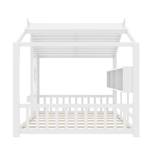 Image of Full Size Floor House Bed with Roof and Window for Kids, Wooden Playhouse Bed with Storage Shelves for Bedroom Furniture Girls & Boys (White /L1, Full)