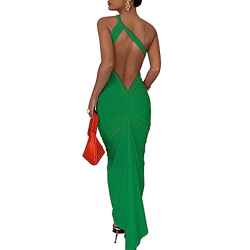 Image of Suillty Women's Sexy Oblique Shoulder Backless Maxi Dress Ruched Back Strap Sleeveless Party Club Long Dresses Bodycon