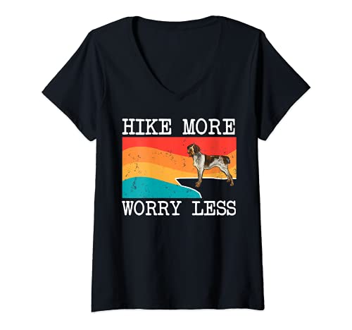 Womens Hike More Worry Less German Wirehaired Pointer Dog Hiking V-Neck T-Shirt, Black