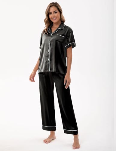UMBY Silk Satin Pajamas for Women Set 2 Piece button down Soft Silk Pjs Sets Cozy Silky Pajama Short Sleeve2