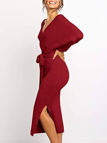 Image of Chang Yun Women's Long Maxi Sweater Dresses Sexy Wrap Batwing V Neck Slit Open Back Holiday Bodycon Dress with Belt