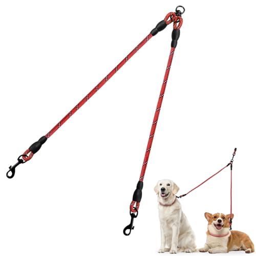 Taglory Doppelte Leinen/Hundeleine Doppelleine für 2 Hunde/Keine Verwicklung Reflektierend Kletterseil/Verstellbar Splitterleinen/75cm, ROT