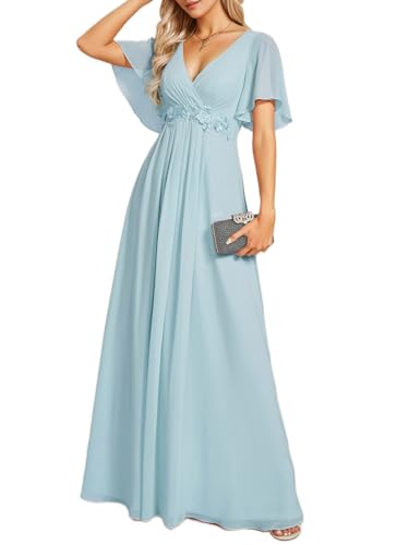Image of Ever-Pretty Women's Spring Short Sleeve Bridesmaid Dresses V-Neck Chiffon Ruched Empire Waist Appliques Long Formal Dress