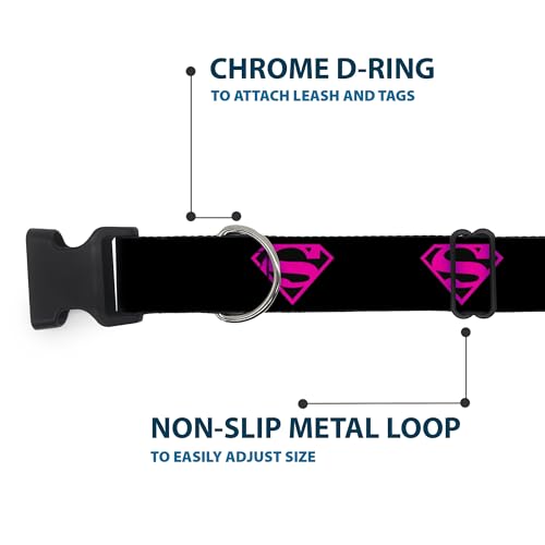 Collar plástico Buckle Down Superman Shield negro rosa ajustable para perros 6