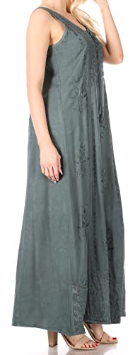 Sakkas 15229 - Stella Long Tank Top Adjustable Caftan Corset Dress With Embroidery - Dark Grey - L/Xl #TOP3
