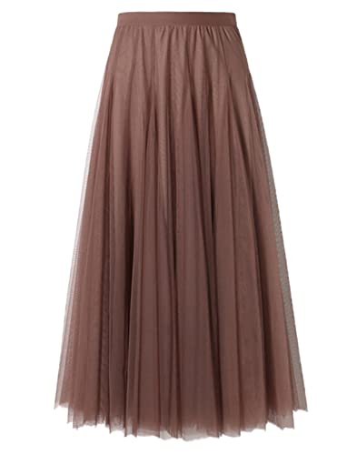 SANGTREE Women's Maxi Tulle Mesh Flowy Skirts,Light Coffee, Large